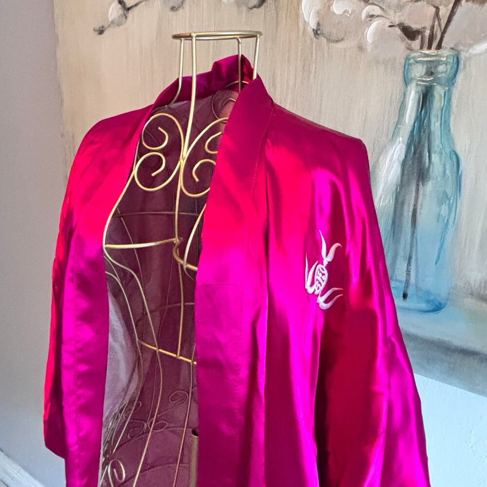 Dragon Embroidered Satin Kimono Robe Fuchsia Japanese Style Haori Unisex - Picture 6 of 8